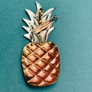 Pineapple Pendant Brooch Pin Tri Tone Artisan Metalwork Fruit Tropical